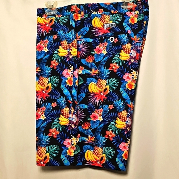 Hreski Mens "Tropical Fruits" Design on Black Stretch Golf Shorts Size 40 - Picture 2 of 4